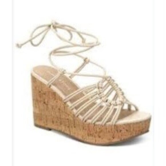 Sun + Stone Tillyyp Eggshell Cork Wedge Sandals With Lace-Up Straps 9.5 M Womens - Picture 1 of 5